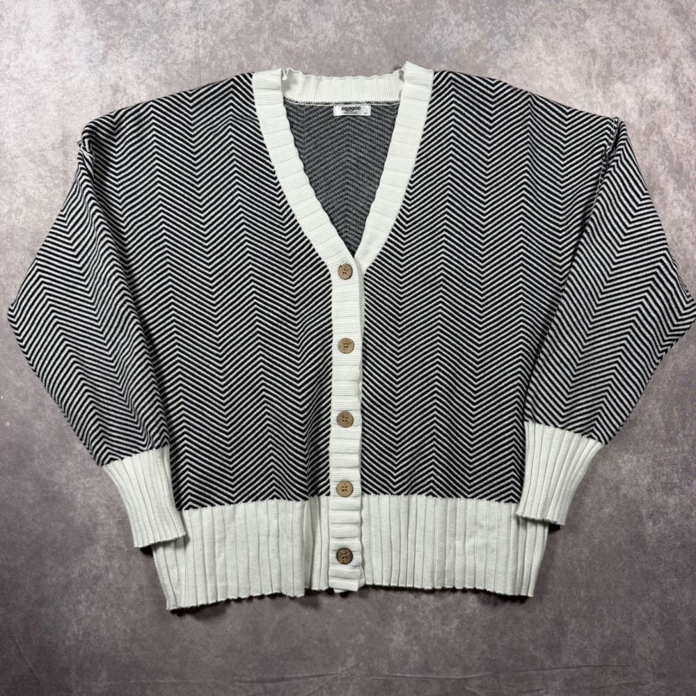 Zeagoo Womens XXL Black White Chevron V-Neck Button Front Cardigan Sweater Cozy